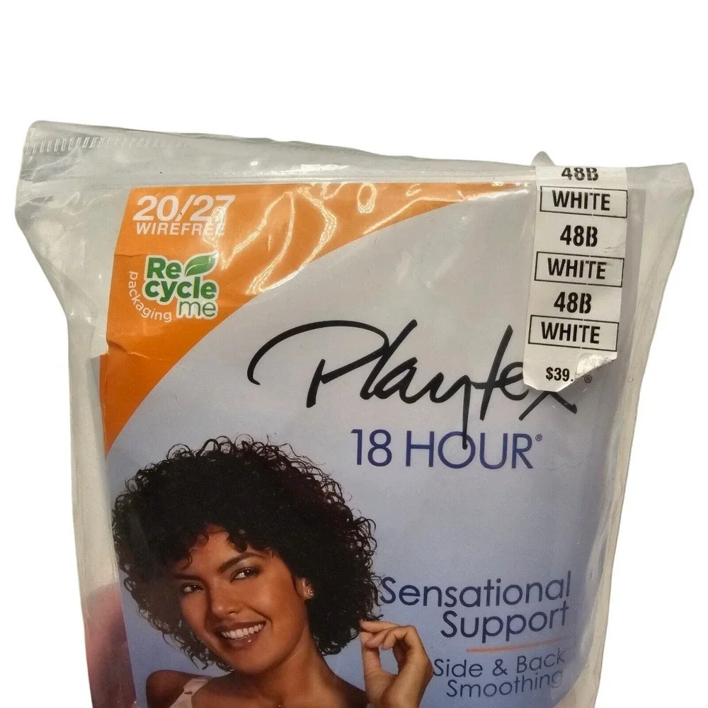 PLAYTEX 48B Bra 18 Hour 4 way Support Stretch White Side & Back Smoothing New